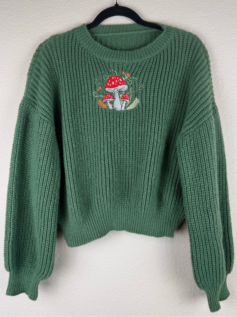 ROMWE M Green Mushroom Embroidered Chunky Knit Sweater Cottagecore Fairycore